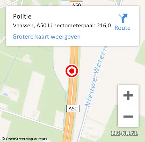 Locatie op kaart van de 112 melding: Politie Vaassen, A50 Li hectometerpaal: 216,0 op 11 september 2019 17:08