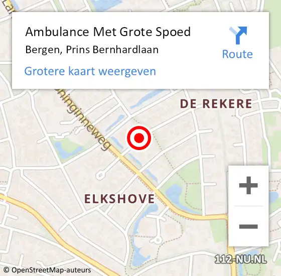 Locatie op kaart van de 112 melding: Ambulance Met Grote Spoed Naar Bergen, Prins Bernhardlaan op 12 september 2019 17:33