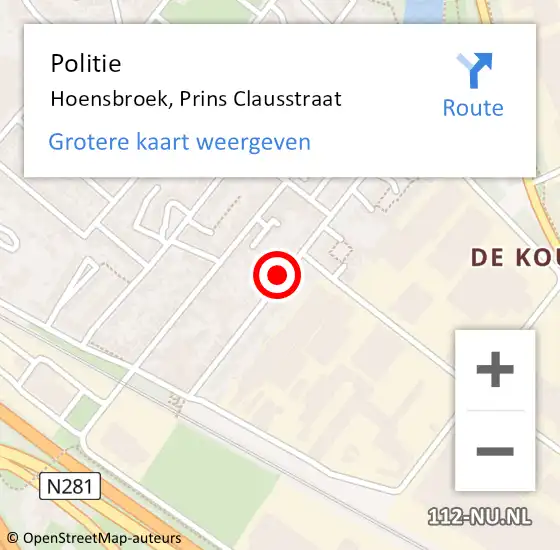 Locatie op kaart van de 112 melding: Politie Hoensbroek, Prins Clausstraat op 13 september 2019 08:51