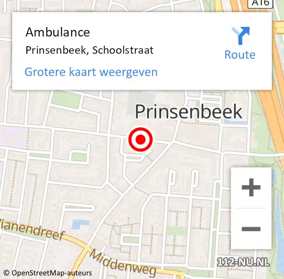 Locatie op kaart van de 112 melding: Ambulance Prinsenbeek, Schoolstraat op 13 september 2019 13:12