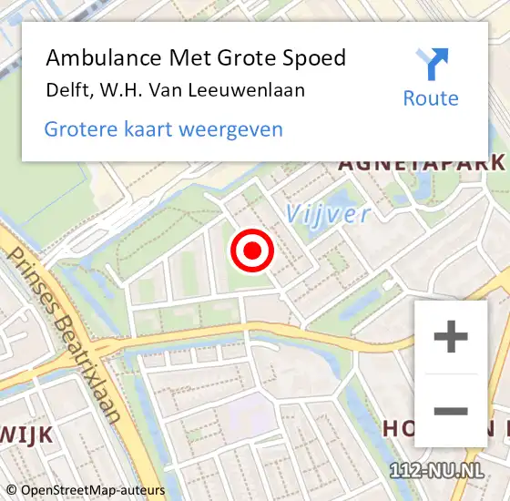 Locatie op kaart van de 112 melding: Ambulance Met Grote Spoed Naar Delft, W.H. Van Leeuwenlaan op 13 september 2019 22:20