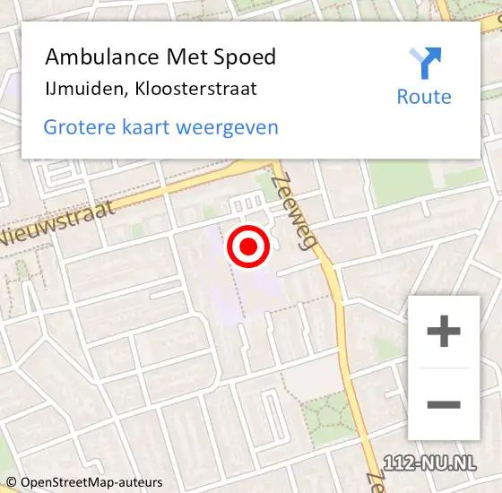 Locatie op kaart van de 112 melding: Ambulance Met Spoed Naar IJmuiden, Kloosterstraat op 14 september 2019 06:28