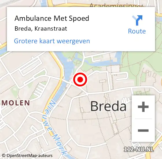 Locatie op kaart van de 112 melding: Ambulance Met Spoed Naar Breda, Kraanstraat op 14 september 2019 23:54