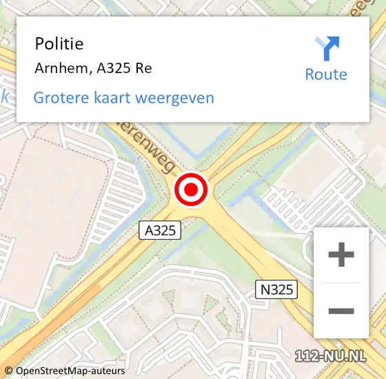 Locatie op kaart van de 112 melding: Politie Arnhem, A325 Re op 15 september 2019 14:19