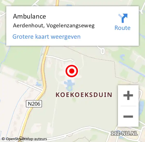 Locatie op kaart van de 112 melding: Ambulance Aerdenhout, Vogelenzangseweg op 17 september 2019 13:41