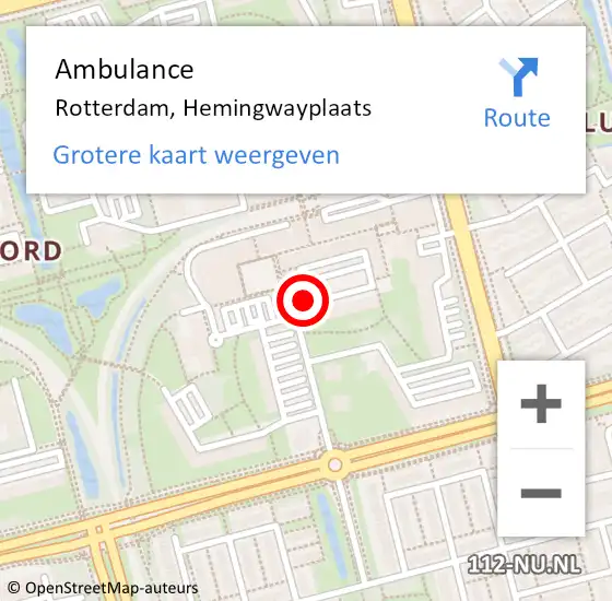 Locatie op kaart van de 112 melding: Ambulance Rotterdam, Hemingwayplaats op 17 september 2019 15:49
