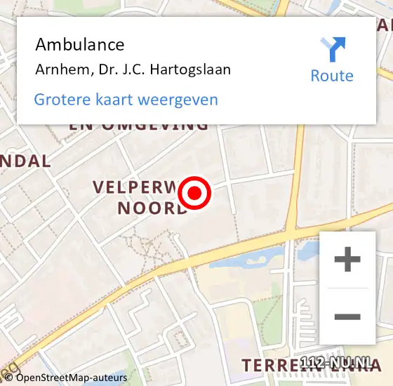 Locatie op kaart van de 112 melding: Ambulance Arnhem, Dr. J.C. Hartogslaan op 17 september 2019 18:10