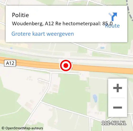 Locatie op kaart van de 112 melding: Politie Woudenberg, A12 Li op 17 september 2019 21:21