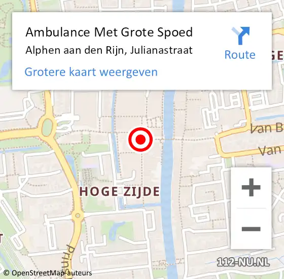 Locatie op kaart van de 112 melding: Ambulance Met Grote Spoed Naar Alphen aan den Rijn, Julianastraat op 18 september 2019 23:57