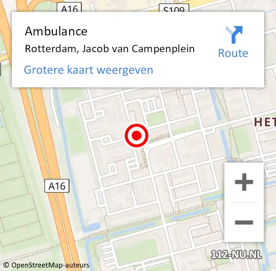 Locatie op kaart van de 112 melding: Ambulance Rotterdam, Jacob van Campenplein op 19 september 2019 08:04
