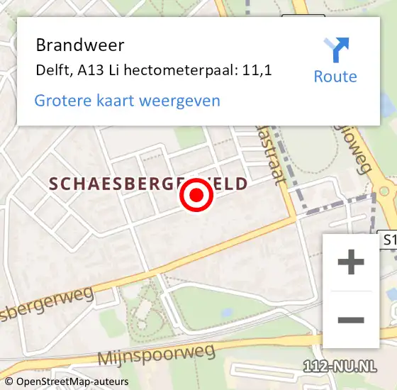 Locatie op kaart van de 112 melding: Brandweer Delft, A13 Li hectometerpaal: 11,1 op 19 september 2019 17:36