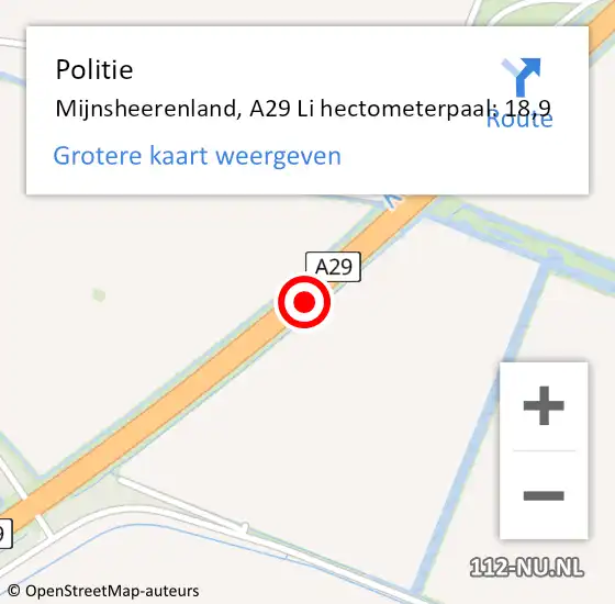 Locatie op kaart van de 112 melding: Politie Mijnsheerenland, A29 Li hectometerpaal: 18,9 op 20 september 2019 23:39