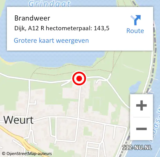 Locatie op kaart van de 112 melding: Brandweer Dijk, A12 R hectometerpaal: 143,5 op 14 april 2014 15:29