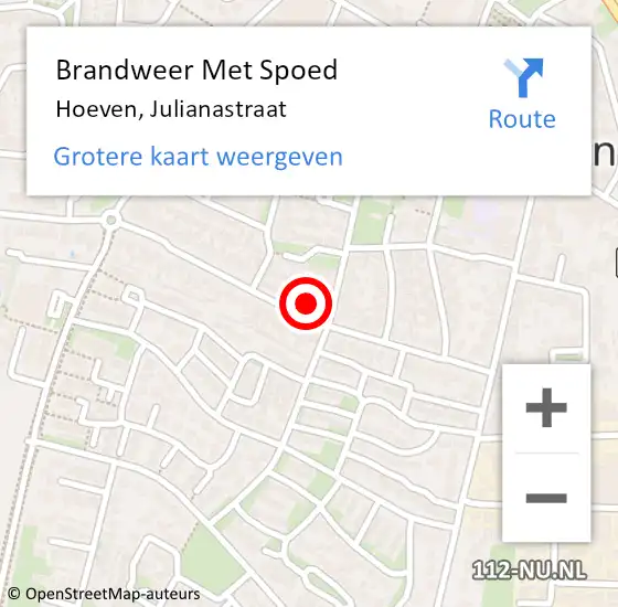 Locatie op kaart van de 112 melding: Brandweer Met Spoed Naar Hoeven, Julianastraat op 22 september 2019 23:55