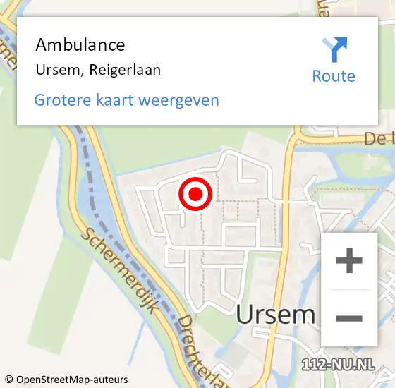 Locatie op kaart van de 112 melding: Ambulance Ursem, Reigerlaan op 25 september 2019 13:41