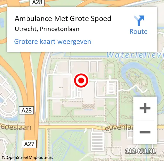 Locatie op kaart van de 112 melding: Ambulance Met Grote Spoed Naar Utrecht, Princetonlaan op 26 september 2019 14:22