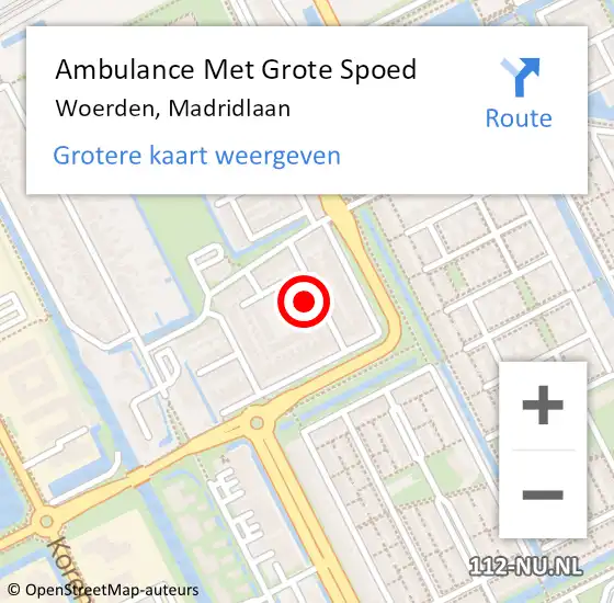 Locatie op kaart van de 112 melding: Ambulance Met Grote Spoed Naar Woerden, Madridlaan op 14 april 2014 23:38