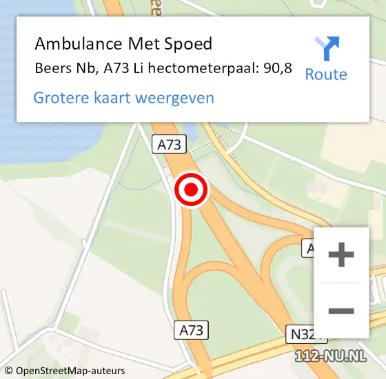 Locatie op kaart van de 112 melding: Ambulance Met Spoed Naar Beers Nb, A73 Li hectometerpaal: 90,8 op 27 september 2019 15:54