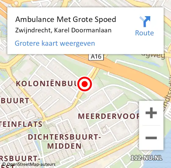 Locatie op kaart van de 112 melding: Ambulance Met Grote Spoed Naar Zwijndrecht, Karel Doormanlaan op 28 september 2019 23:12