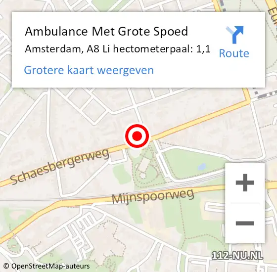 Locatie op kaart van de 112 melding: Ambulance Met Grote Spoed Naar Amsterdam, A8 Li hectometerpaal: 1,1 op 29 september 2019 14:40