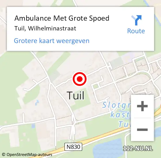 Locatie op kaart van de 112 melding: Ambulance Met Grote Spoed Naar Tuil, Wilhelminastraat op 30 september 2019 00:46