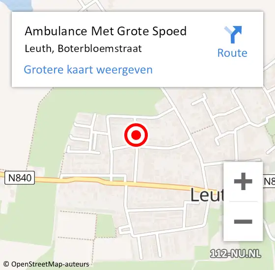 Locatie op kaart van de 112 melding: Ambulance Met Grote Spoed Naar Leuth, Boterbloemstraat op 1 oktober 2019 04:33