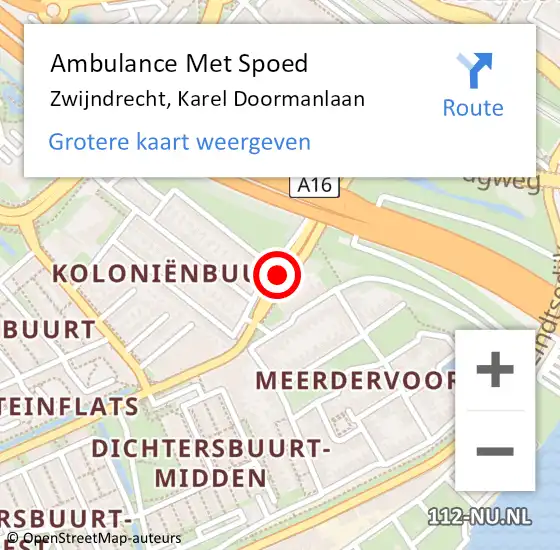 Locatie op kaart van de 112 melding: Ambulance Met Spoed Naar Zwijndrecht, Karel Doormanlaan op 2 oktober 2019 13:38