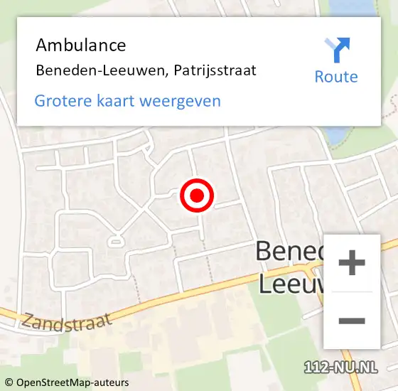 Locatie op kaart van de 112 melding: Ambulance Beneden-Leeuwen, Patrijsstraat op 4 oktober 2019 10:48