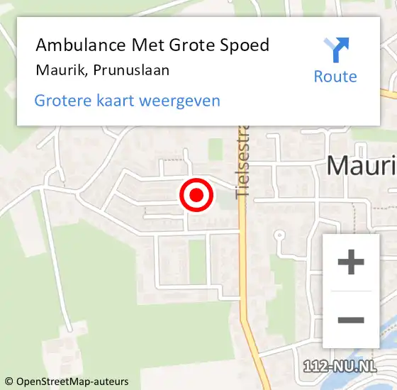 Locatie op kaart van de 112 melding: Ambulance Met Grote Spoed Naar Maurik, Prunuslaan op 28 september 2013 21:31