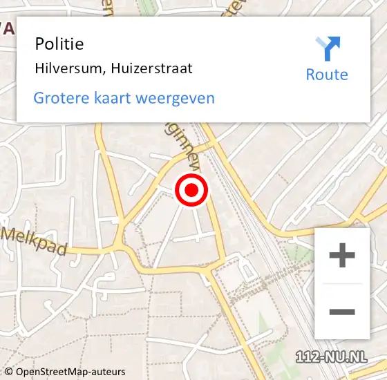 Locatie op kaart van de 112 melding: Politie Hilversum, Huizerstraat op 4 oktober 2019 21:41