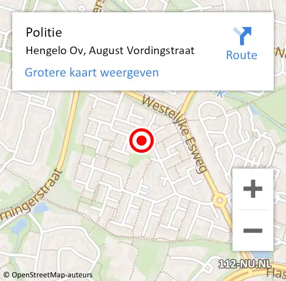 Locatie op kaart van de 112 melding: Politie Hengelo Ov, August Vordingstraat op 5 oktober 2019 19:49