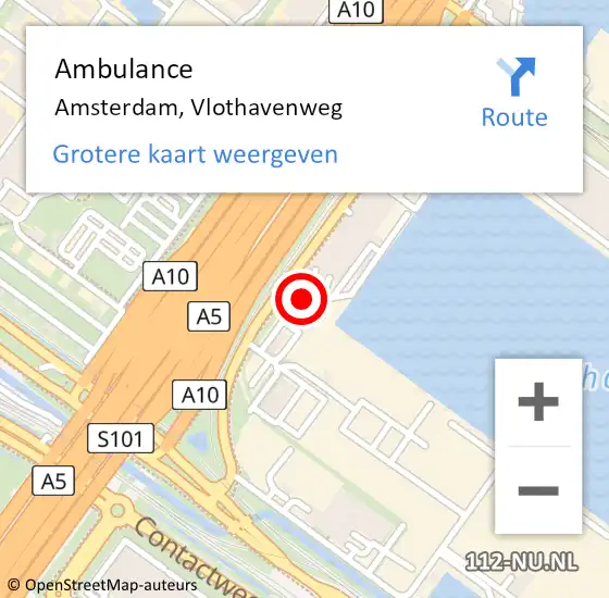 Locatie op kaart van de 112 melding: Ambulance Amsterdam, Vlothavenweg op 5 oktober 2019 20:58