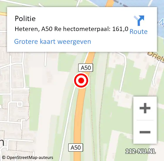 Locatie op kaart van de 112 melding: Politie Heteren, A50 Re hectometerpaal: 159,3 op 6 oktober 2019 16:55