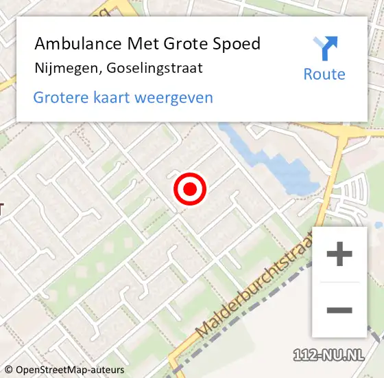 Locatie op kaart van de 112 melding: Ambulance Met Grote Spoed Naar Nijmegen, Goselingstraat op 7 oktober 2019 05:55