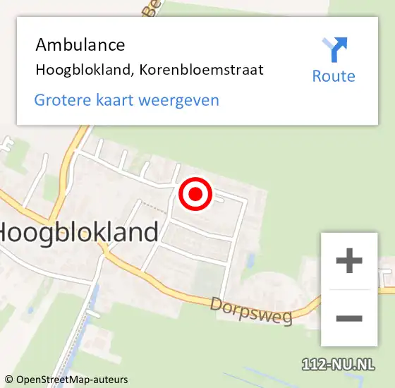 Locatie op kaart van de 112 melding: Ambulance Hoogblokland, Korenbloemstraat op 7 oktober 2019 13:27