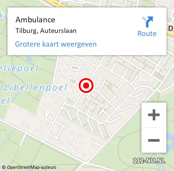 Locatie op kaart van de 112 melding: Ambulance Tilburg, Auteurslaan op 7 oktober 2019 13:48