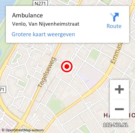 Locatie op kaart van de 112 melding: Ambulance Venlo, Van Nijvenheimstraat op 8 oktober 2019 12:43