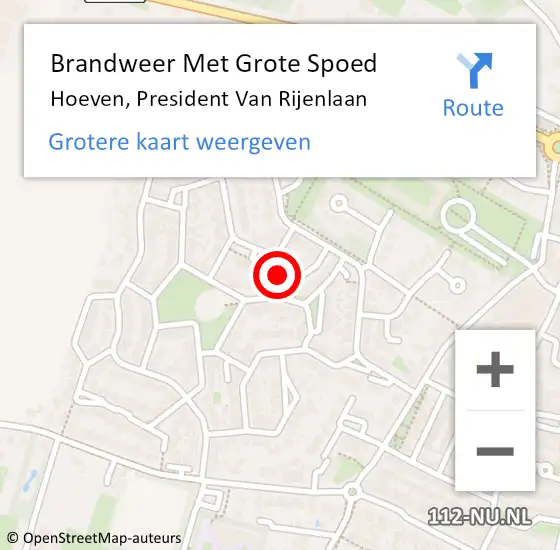 Locatie op kaart van de 112 melding: Brandweer Met Grote Spoed Naar Hoeven, President Van Rijenlaan op 8 oktober 2019 13:45