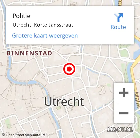 Locatie op kaart van de 112 melding: Politie Utrecht, Korte Jansstraat op 9 oktober 2019 00:06