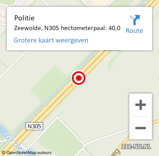 Locatie op kaart van de 112 melding: Politie Zeewolde, N305 hectometerpaal: 29,2 op 10 oktober 2019 13:09