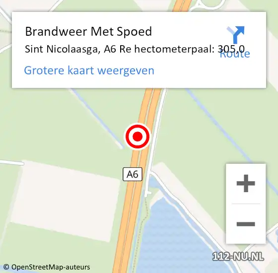 Locatie op kaart van de 112 melding: Brandweer Met Spoed Naar Sint Nicolaasga, A6 Re hectometerpaal: 305,0 op 10 oktober 2019 21:54