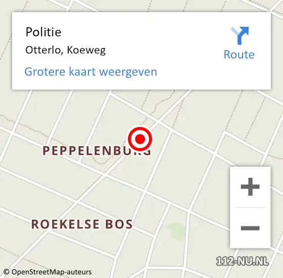 Locatie op kaart van de 112 melding: Politie Otterlo, Koeweg op 11 oktober 2019 07:10