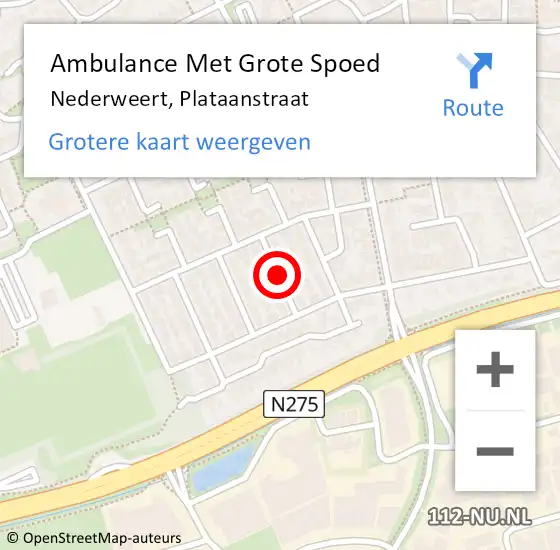Locatie op kaart van de 112 melding: Ambulance Met Grote Spoed Naar Nederweert, Plataanstraat op 13 oktober 2019 11:33