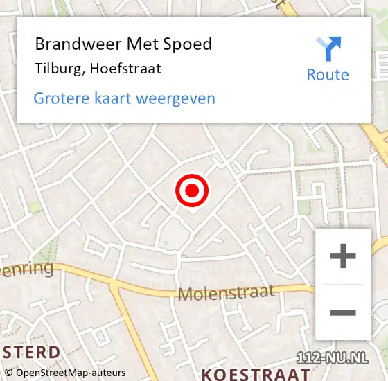 Locatie op kaart van de 112 melding: Brandweer Met Spoed Naar Tilburg, Hoefstraat op 13 oktober 2019 22:50