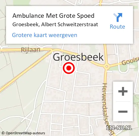 Locatie op kaart van de 112 melding: Ambulance Met Grote Spoed Naar Groesbeek, Albert Schweitzerstraat op 14 oktober 2019 10:23