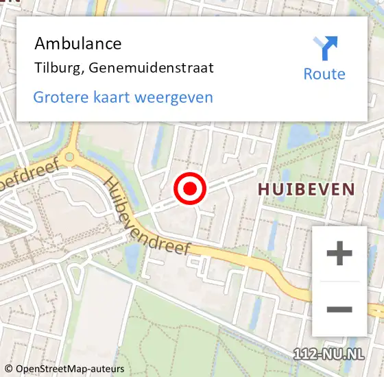 Locatie op kaart van de 112 melding: Ambulance Tilburg, Genemuidenstraat op 14 oktober 2019 10:36