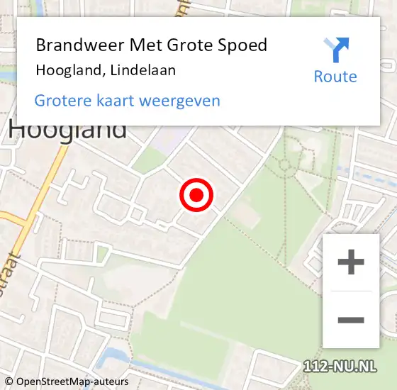 Locatie op kaart van de 112 melding: Brandweer Met Grote Spoed Naar Hoogland, Lindelaan op 14 oktober 2019 12:38