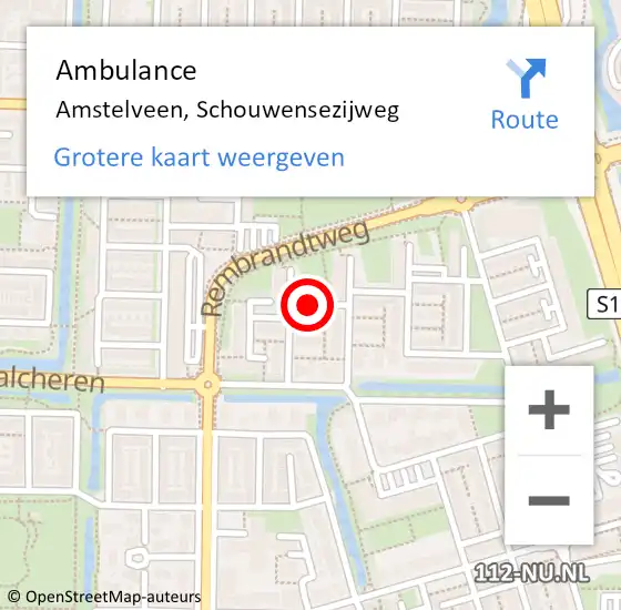 Locatie op kaart van de 112 melding: Ambulance Amstelveen, Schouwensezijweg op 14 oktober 2019 13:52