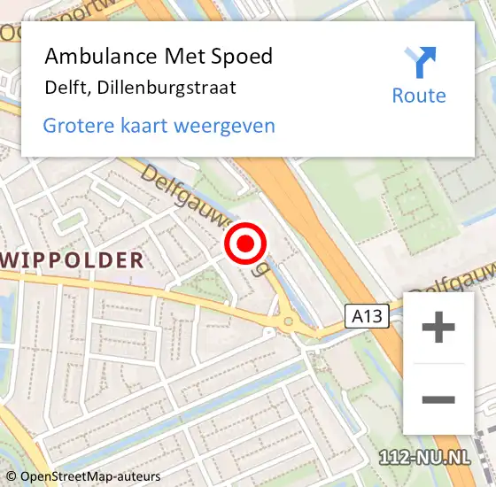 Locatie op kaart van de 112 melding: Ambulance Met Spoed Naar Delft, Dillenburgstraat op 15 oktober 2019 13:46