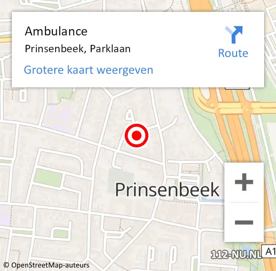 Locatie op kaart van de 112 melding: Ambulance Prinsenbeek, Parklaan op 15 oktober 2019 15:55
